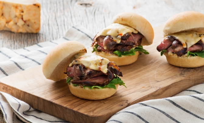 Steak, Caramelized Shallot and Cheese Sliders