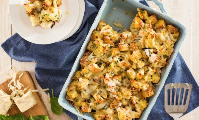 Applewood Smoked Sea Salt & Spinach Savory Bread Pudding