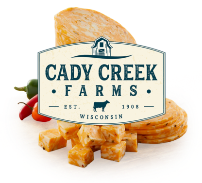 Cady Creek Farms logo with assorted cheeses background