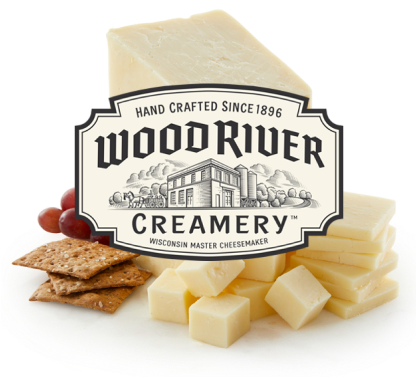 Wood River Creamery logo with assorted cheeses background