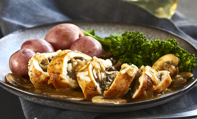 Mushroom and Swiss-Stuffed Chicken with Wine Sauce